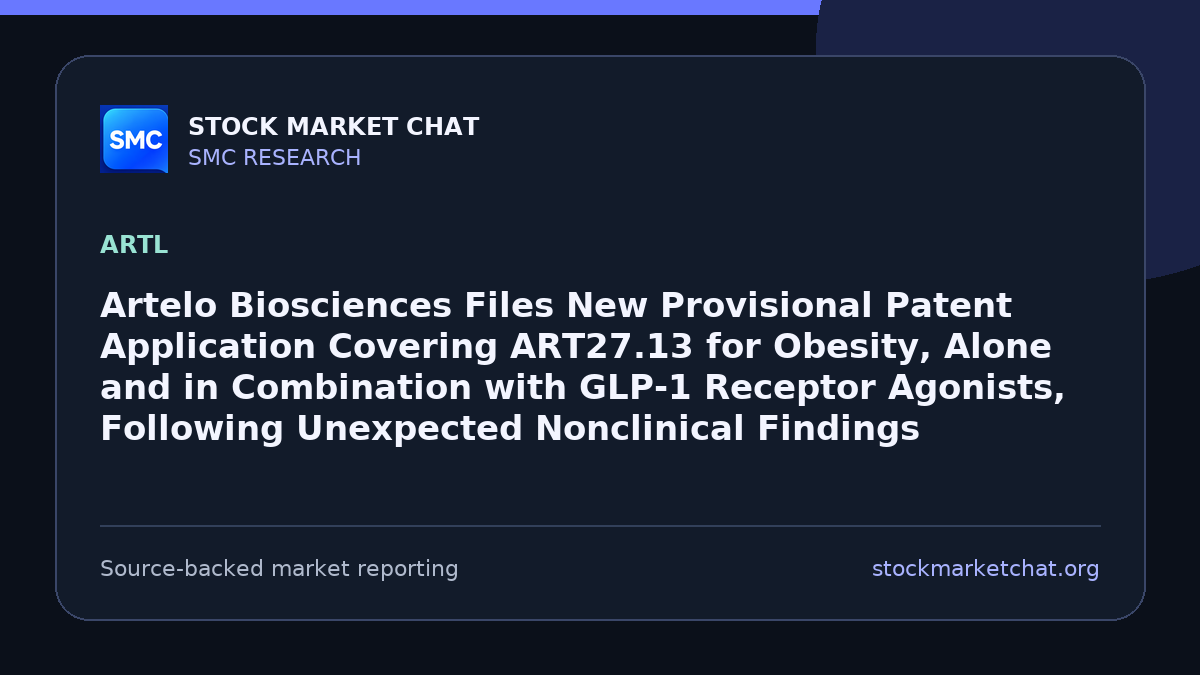 Artelo Biosciences Files New Provisional Patent Application Covering ART27.13 for Obesity, Alone and in Combination with GLP-1 Receptor Agonists, Following Unexpected Nonclinical Findings