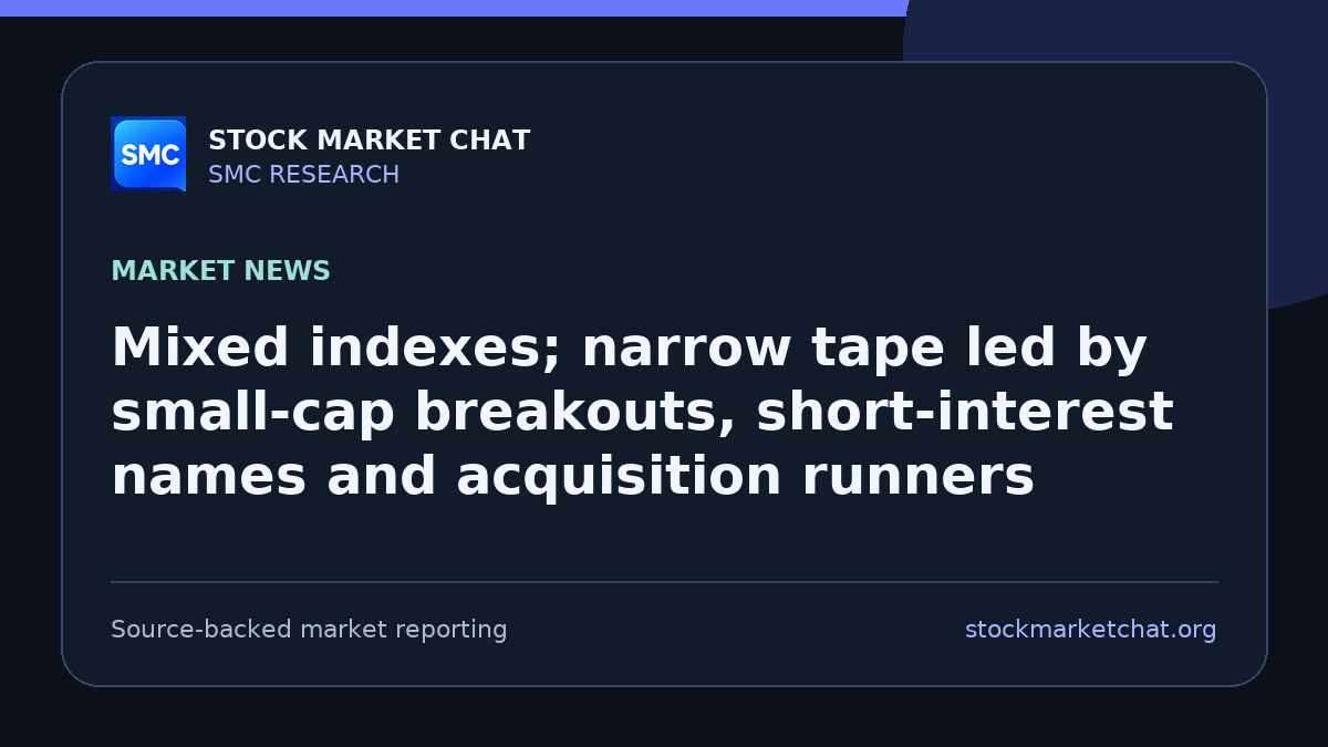 Mixed indexes; narrow tape led by small‑cap breakouts, short‑interest names and acquisition runners