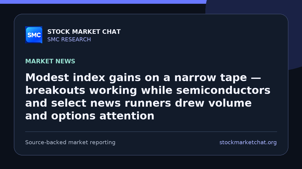 Modest index gains on a narrow tape — breakouts working while semiconductors and select news runners drew volume and options attention