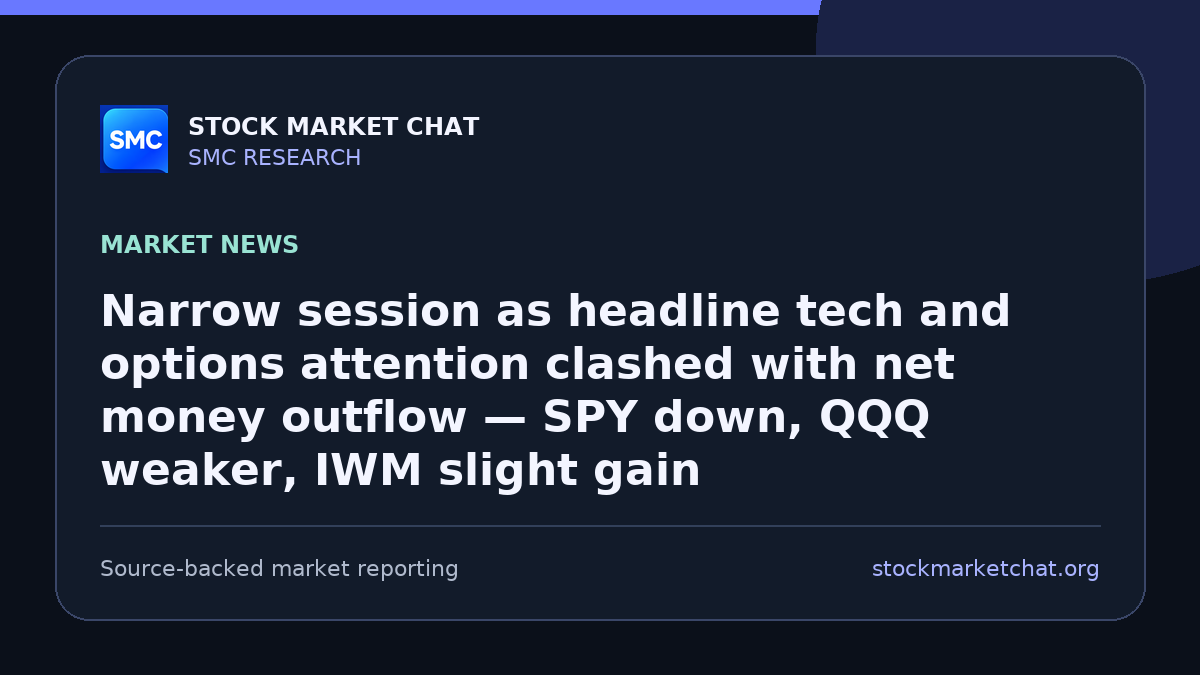 Narrow session as headline tech and options attention clashed with net money outflow — SPY down, QQQ weaker, IWM slight gain